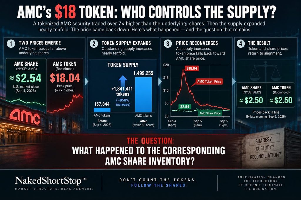 AMC Stock Token price and supply dislocation showing the token at $18.04 versus AMC shares near $2.54 and token supply increasing from 157,844 to 1,499,255.